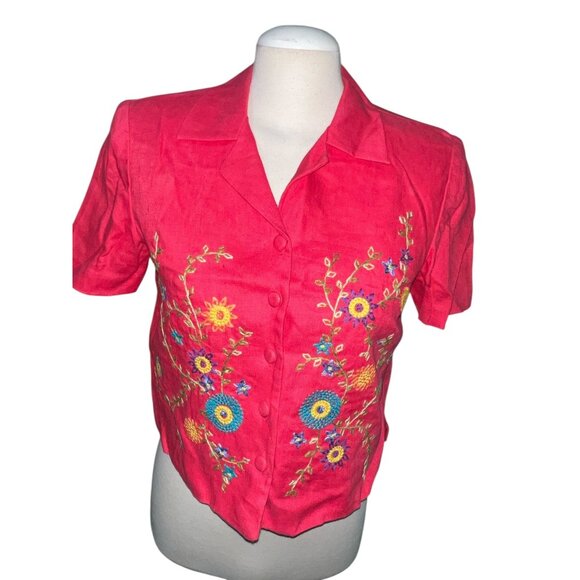 John Roberts Petite Pink Linen Button-Up Blazer Blouse Sz 6 Petite Floral Embroi - Picture 7 of 11